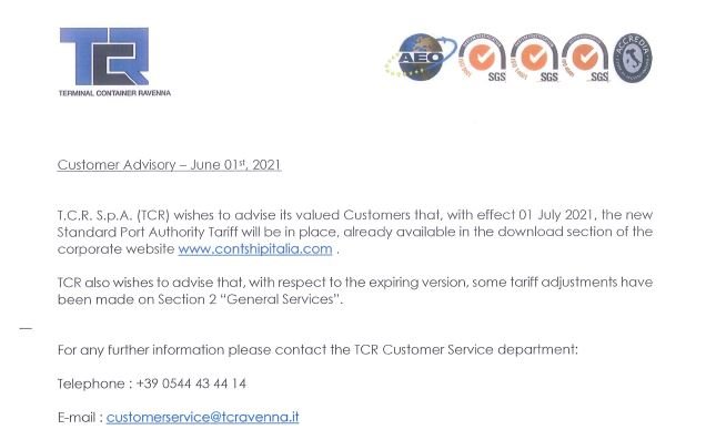 TCR Customer Advisory – Standard Public Tariff 2021 - July Update